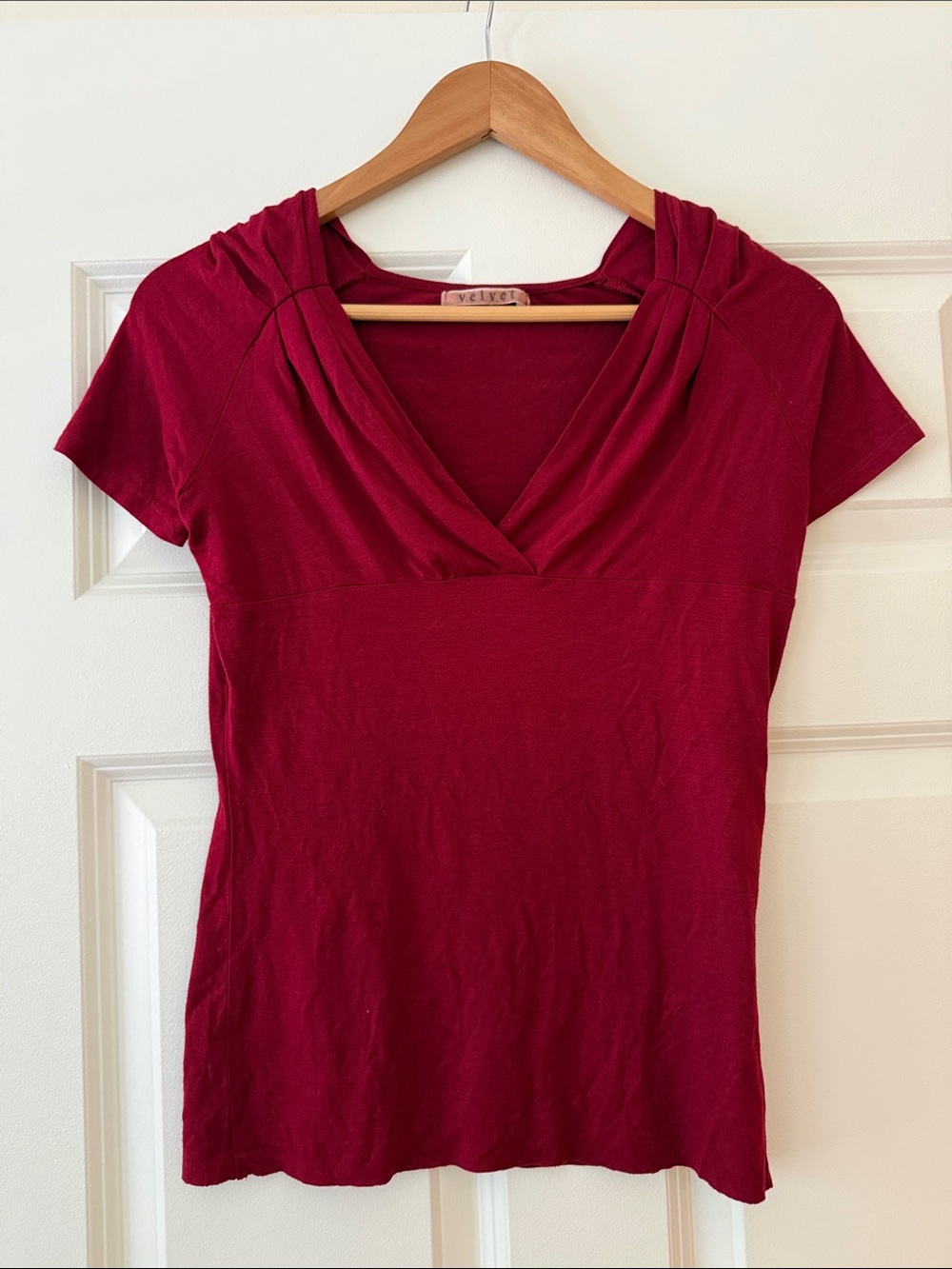 Velvet by Graham & Spencer Wine-Red Short Sleeve V-Neck Top